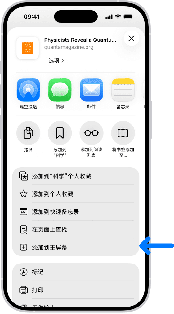 在 Safari 共享菜单中点击「添加到主屏幕」的示意图